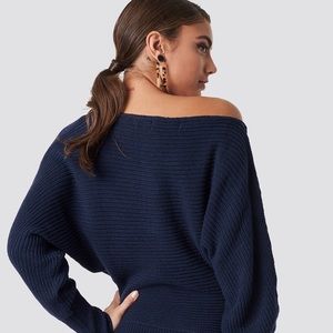 ROI | Navy Blue Off-Shoulder Cable Knit Sweater